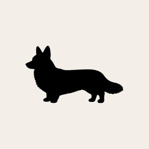 May include: A solid black silhouette of a Corgi dog standing in profile, facing left. The graphic features the distinct pointed ears, long body, and fluffy tail characteristic of the breed, presented against a plain, light cream-colored background.