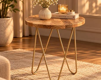 Solid Mango Wood Mid Century Side Table - Round Accent Table with Gold Legs