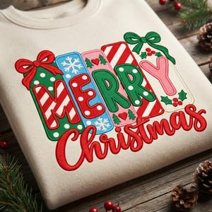 Merry Christmas Embroidery Design, Patchwork Holiday Lettering With Bow Machine Embroidery File, Christmas Kitchen Apron Digital Download