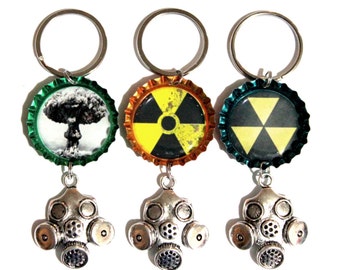 Fallout Gas Mask Bottle Cap Keychain • Handmade Atomic Accessory • Radiation Symbol • Mushroom Cloud • Nuclear Gift