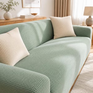 Op de afbeelding: Een saliegroene bankhoes met een gewafeld textuurpatroon, inclusief twee vierkante gebroken witte sierkussens. De hoes sluit nauw aan op de bank en vertoont een consistente, rasterachtige stofstructuur over de zitting, rug en armleuningen.