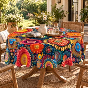 May include: A round wooden table covered with a vibrant, multicolored tablecloth featuring a repeating circular mandala pattern in shades of red, orange, yellow, blue, and purple. A white ceramic pitcher filled with daisies sits on the table.