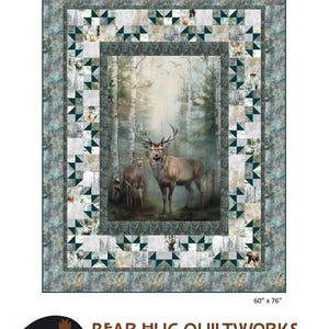 May include: A rectangular quilt with a forest scene featuring deer, framed by a patchwork border. The quilt measures 60 inches by 76 inches. The text "Nantahala" is at the top, and the Bear Hug Quiltworks logo is at the bottom.