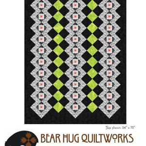 May include: A quilt pattern titled "DIAMONDBACK" with a black background. The design features rows of diamond shapes in white, gray, and lime green, with small orange squares. The size is shown as 54" x 72".