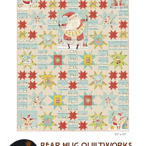 May include: A quilt pattern featuring a Christmas theme with a red, white, and blue Santa Claus holding a banner that says "Believe". The pattern is made up of red stars, blue and yellow stars, and a musical note fabric. The quilt is 55 inches by 70 inches.