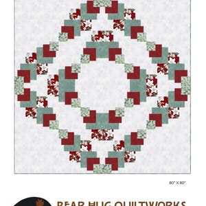 May include: A quilt pattern called "Greenway" with a red and green design. The pattern is 80 inches by 80 inches. The pattern is from Bear Hug Quiltworks.