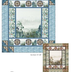 May include: A quilt pattern design called "Lookout Trail" by Bear Hug Quiltworks. The pattern features a misty forest scene with a blue and brown color scheme. The size shown is 72 inches by 80 inches.