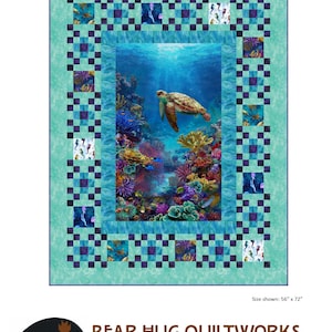 May include: A quilt pattern featuring a sea turtle swimming in a coral reef. The pattern is surrounded by a blue and purple checkered border. The quilt is 56 inches by 72 inches.
