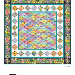 May include: A colorful quilt with a central pattern of fan-shaped designs in various colors. The quilt, measuring 72 x 72 inches, features a border with floral and geometric patterns. The word "WOODFORD" is at the top, and the "BEAR HUG QUILTWORKS" logo is at the bottom.
