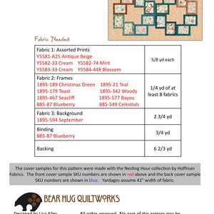 Może przedstawiać: Wz&oacute;r pikowania Pinebluff od Bear Hug Quiltworks przedstawiający kwadratowy projekt o wymiarach 203 cm na 203 cm z beżowym tłem oraz siatką kwadrat&oacute;w z tkaniny w kwiatowe i ptasie wzory, obramowanych w odcieniach ciemnej zieleni i błękitu.