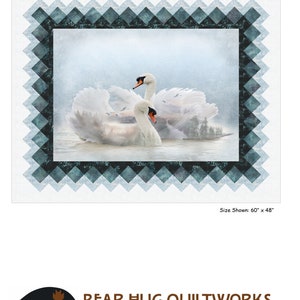 May include: A quilt pattern featuring two white swans in a misty lake setting. The pattern is framed by a border of teal and black diamond shapes. The quilt is titled "Solstice" and is shown in a size of 60 inches by 48 inches.