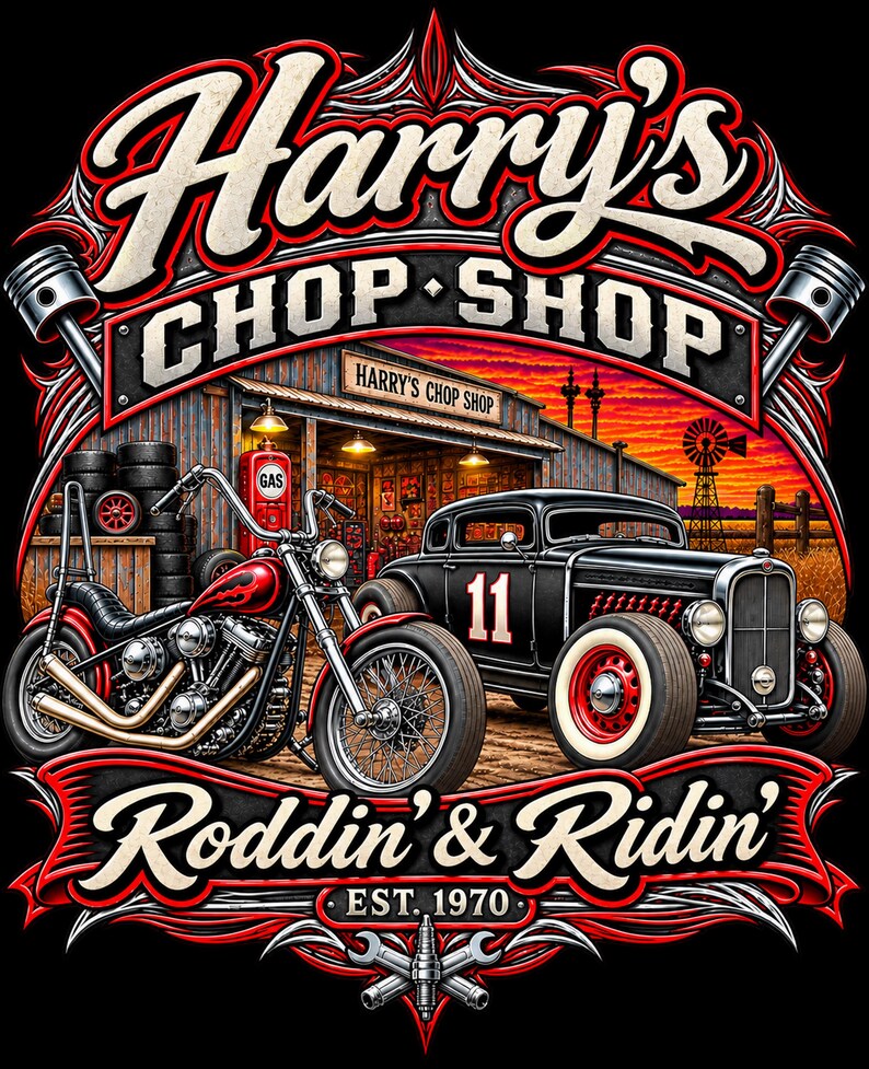 Pu&ograve; includere: Un'illustrazione grafica con una motocicletta rossa e un'auto hot rod nera parcheggiate davanti a un'officina al tramonto. Il testo recita Harry's Chop Shop, Roddin' & Ridin' e EST. 1970. Il design include pistoni e chiavi inglesi.