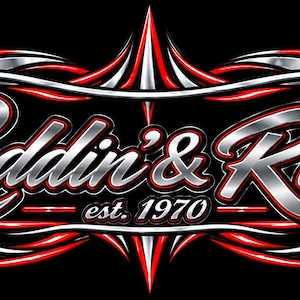 May include: A graphic logo on a black background featuring the text Roddin' & Ridin' est. 1970 in a metallic silver font with red and white outlines. The design is surrounded by sharp, symmetrical tribal-style flourishes in red, white, and silver.