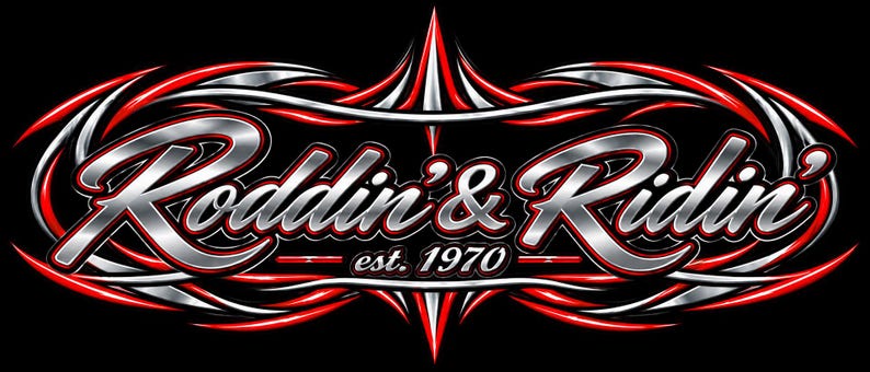 May include: A graphic logo on a black background featuring the text Roddin' & Ridin' est. 1970 in a metallic silver font with red and white outlines. The design is surrounded by sharp, symmetrical tribal-style flourishes in red, white, and silver.