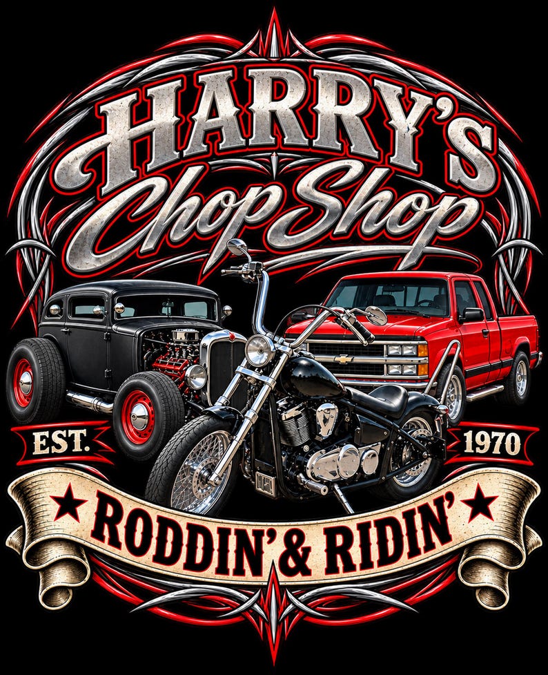 May include: A graphic design featuring a black hot rod, a red pickup truck, and a black motorcycle. The text reads Harry's Chop Shop, Est. 1970, and Roddin' & Ridin'. The design is framed by red and silver pinstriping on a solid black background.