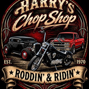 Puede incluir: Una ilustraci&oacute;n gr&aacute;fica que muestra un hot rod negro, una camioneta roja y una motocicleta negra dentro de un marco circular. El texto dice Harry's Chop Shop, Est. 1970 y Roddin' & Ridin' en una pancarta en la parte inferior sobre fondo negro.