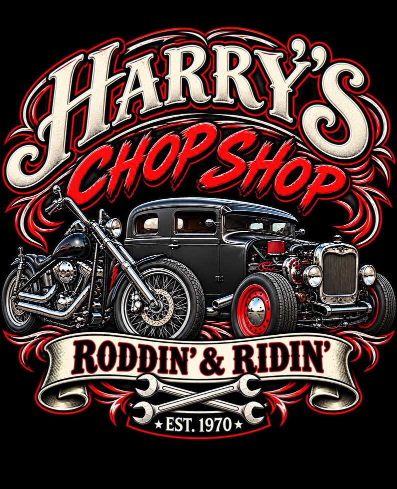 Op de afbeelding: Een grafisch ontwerp met een zwarte motorfiets en een zwarte hot rod auto. De tekst luidt Harry's Chop Shop, Roddin' & Ridin', en Est. 1970. Het ontwerp bevat rode en witte accenten, een banner en twee gekruiste moersleutels op een zwarte achtergrond.