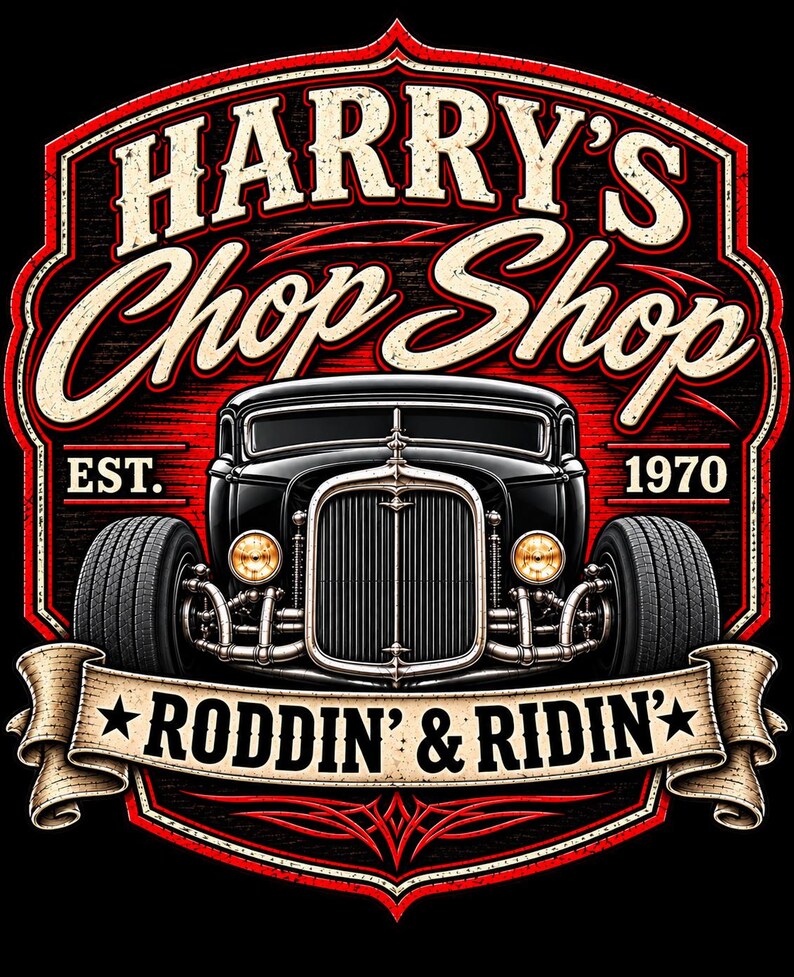 Pode incluir: Um design gr&aacute;fico apresentando um carro hot rod preto centralizado dentro de um emblema em forma de escudo vermelho e preto. O texto diz Harry's Chop Shop, Est. 1970, e Roddin' & Ridin' em uma faixa bege. O design inclui far&oacute;is amarelos e detalhes cromados.