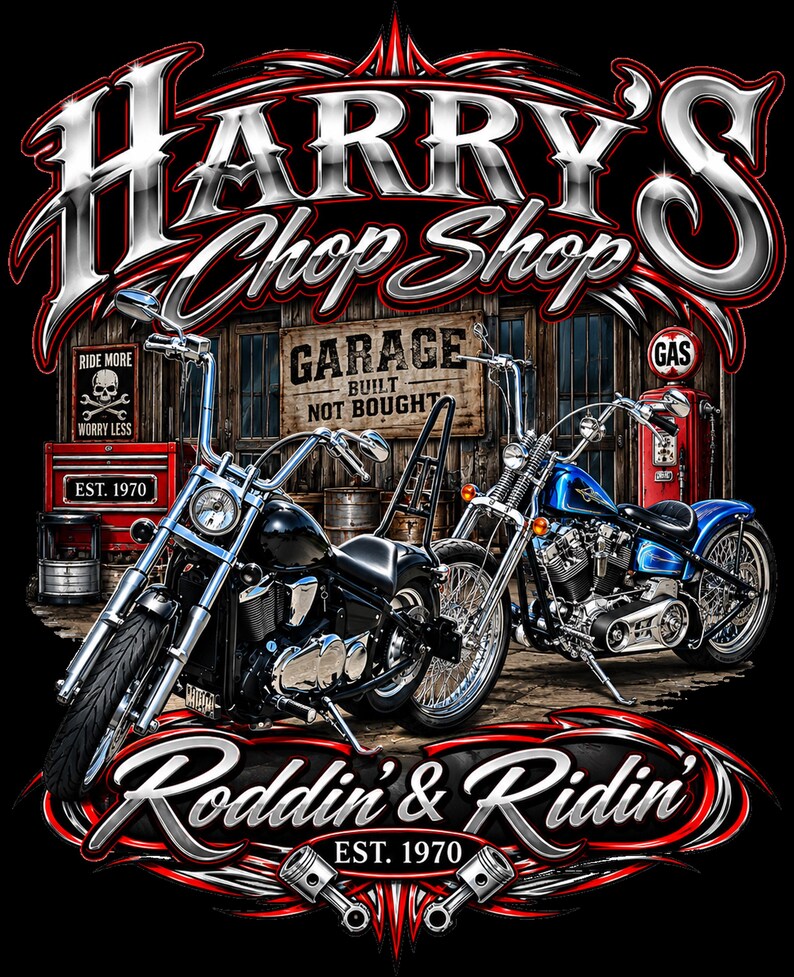 Puede incluir: Un dise&ntilde;o gr&aacute;fico con el texto Harry's Chop Shop y Roddin' & Ridin' Est. 1970. La imagen muestra dos motocicletas personalizadas, una negra y otra azul, estacionadas frente a un garaje de madera con una bomba de gasolina roja y caja.