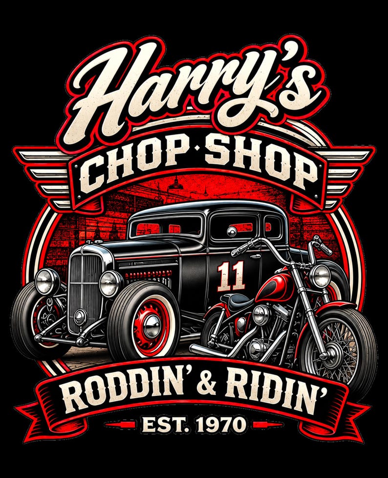 Pu&ograve; includere: Un design grafico che mostra una hot rod nera con il numero 11 e una motocicletta rossa. Il testo recita Harry's CHOP SHOP, RODDIN' & RIDIN' e EST. 1970. Il design utilizza uno schema di colori rosso e nero con ali stilizzate e bordi circolari.
