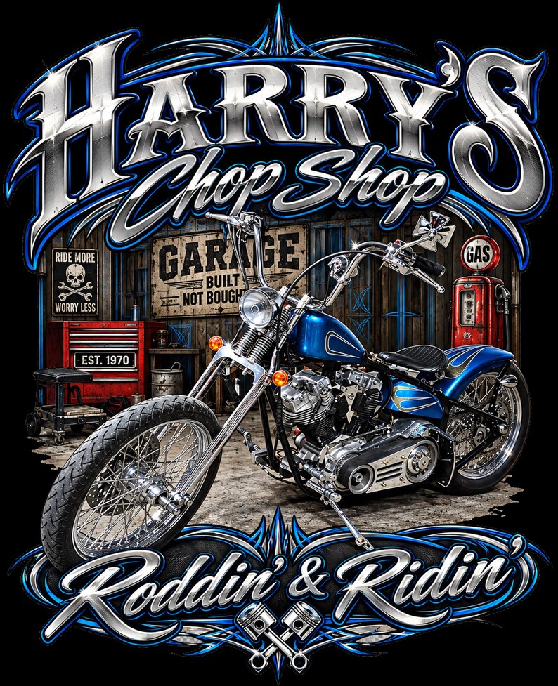 May include: A graphic design featuring a blue motorcycle in a garage setting with the text Harry's Chop Shop and Roddin' & Ridin'. The image includes a red gas pump, a red tool chest, and signs reading Ride More Worry Less and Garage Built Not Bought.