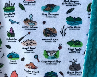 Blanket: National Parks of the USA. Park minky baby blanket or lovey. Minky and faux fur child or adult throw blanket, home decor, gift.