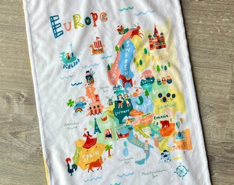 Lovey: EUROPE Map. Small minky security blanket for baby or toddler. 17 by 26 inches. Cute illustrated bright pastel map baby shower gift