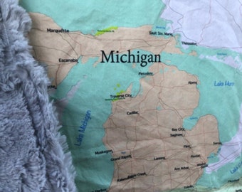 Lovey: MICHIGAN Map. Small security blanket for baby or toddler. 14 by 19 inch. Vintage MI map. Cotton and minky faux fur lovie.