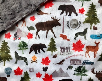 BTY Mook Fabrics CANADIAN ICONS Maple Leaf Syrup Moose Skates on Natural Cotton Fabric Print by the Yard