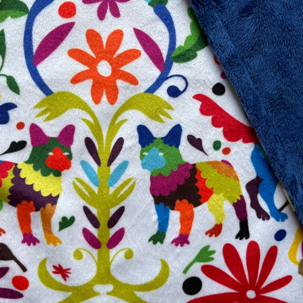 Blanket: DOGS in MEXICAN Otomi style. Mexican baby blanket or lovey. Minky and faux fur adult throw blanket, gift, home decor.