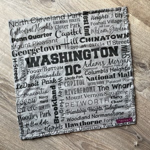 Lovey: WASHINGTON DC Neighborhoods lovey. Small security blanket for baby or toddler. 17 by 17 inch. DC keepsake, decor. Cotton and minky.