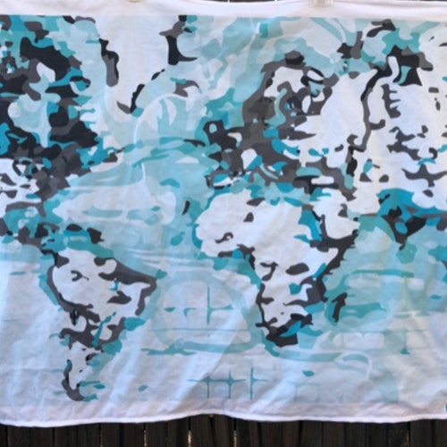 WORLD popular Map Camo baby blanket - 31 by 40 inches - baby shower gift - blue, gray, and white -- cotton and minky - ready to ship