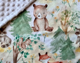 Lovey: FOREST Animal. Small minky security blanket for baby or toddler. 17 by 17 inch. Woodland baby shower gift, keepsake, home decor.