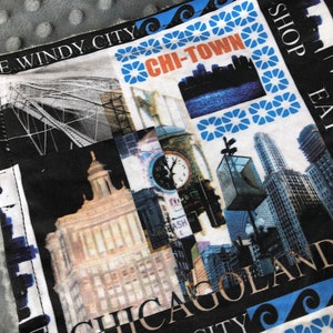 Lovey: CHICAGO ILLINOIS. Small minky security blanket for baby or toddler. 16 by 20 inches. IL keepsake. Chi-Town decor. The Windy City.