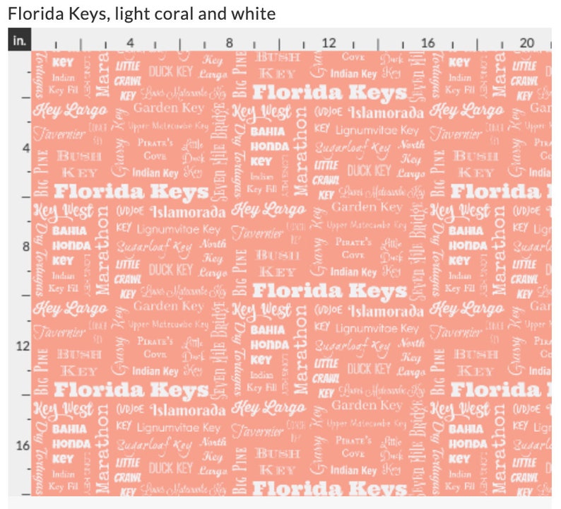 lime coral teal fq peach FLORIDA KEYS Cities fabric yardage yellow FL Keys typography fabric by the yard or fat quarter aqua gray