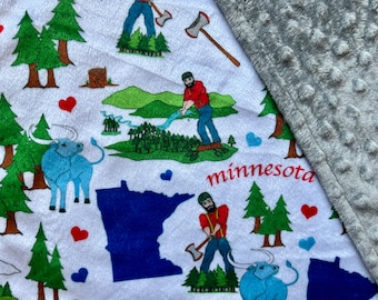 MINNESOTA minky blanket or lovey. MN baby blanket. Minky and faux fur child or adult throw blanket. Paul Bunyan and Babe. Minn. home decor.