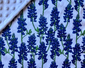 Blanket: TEXAS Bluebonnet. TX minky baby blanket or lovey. Minky and faux fur child or adult throw blanket, floral home decor, gift.