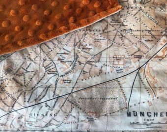 MUNICH map lovey. Small security blanket for baby or toddler. 16 by 17 inch. Vintage German map. Cotton and minky. Ready to ship.
