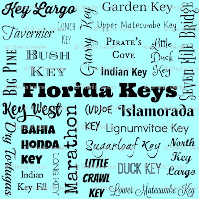 lime coral teal fq peach FLORIDA KEYS Cities fabric yardage yellow FL Keys typography fabric by the yard or fat quarter aqua gray