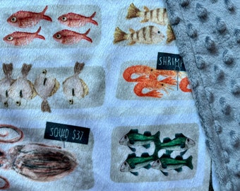 Lovey: FISH MARKET. Small minky security blanket for baby, toddler. 17 x 17 in. Croatia, Seattle keepsake. Seafood, coastal home decor, gift