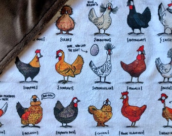 Blanket: CHICKENS of the WORLD. Farm minky baby blanket or lovey. Child or adult throw blanket. Farmer home decor. Baby shower gift.