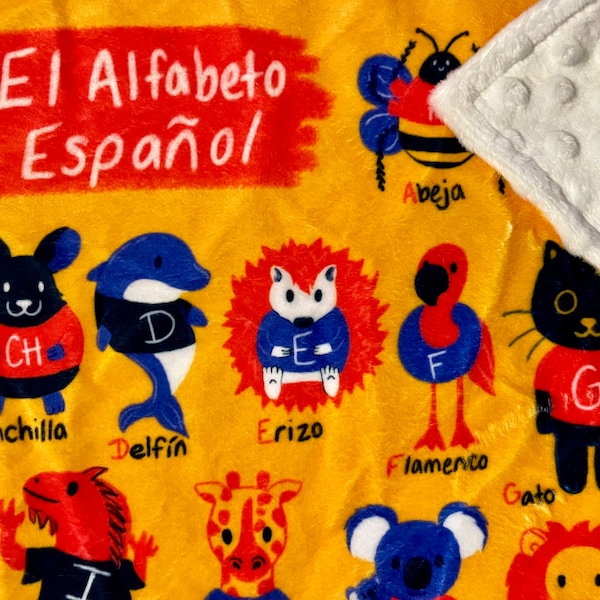 Lovey: SPANISH Alphabet. Small security blanket for baby or toddler. 17 by 26 inches. ABC animal home decor, baby shower gift.