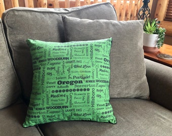 OREGON throw pillow cover. OR cities, home decor. 17 x 17 inch decorative cushion cover for 18 x 18 inch insert. Green and black, zippered.