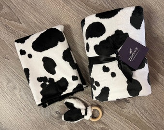 COW Baby Gift Set. Minky baby blanket, lovey, and teether.