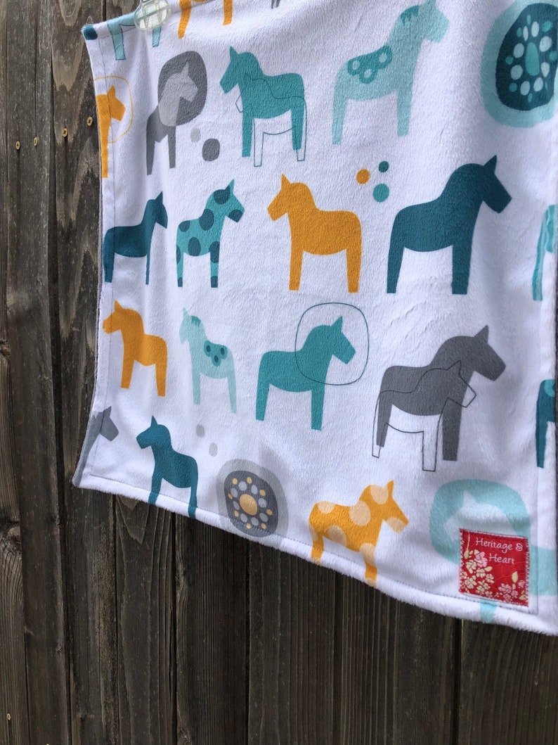 Sweden Baby Blanket Lovie Lovey Souvenir Woobie Keepsake Swedish Dala Horse Small Minky Security Blanket