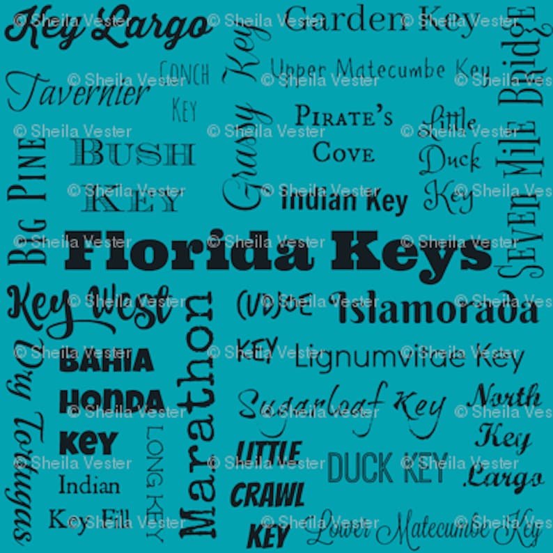 lime coral teal fq peach FLORIDA KEYS Cities fabric yardage yellow FL Keys typography fabric by the yard or fat quarter aqua gray