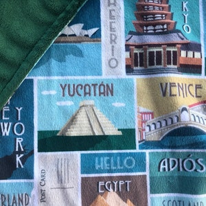 Lovey: WORLD CITIES. Small minky security blanket for baby or toddler. 16 by 17 inch. Travel and  adventure baby shower gift, decor.