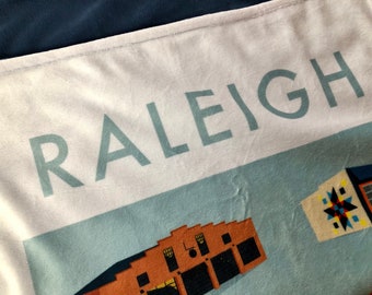 Lovey: RALEIGH NC. Small minky security blanket for baby or toddler. 17 by 27 inches. North Carolina keepsake, souvenir, decor.