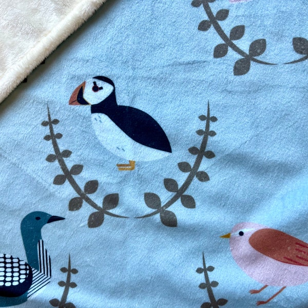 Lovey: SCANDINAVIAN BIRDS. Bird minky lovie. Small handmade security blanket for baby or toddler. 17 by 17 inch. Home decor, gift.