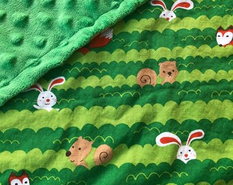 FOREST Animal Baby Blanket. 29 by 32 inch. Lightweight small green cotton and minky woodland blanket with fox, squirrel, and bunny rabbit.